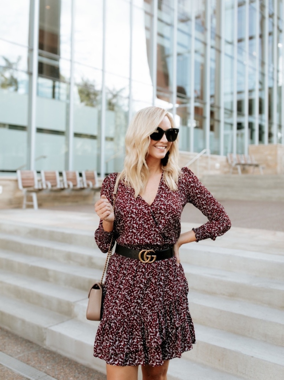 Michael Kors Floral Smocked Mini Dress Burgundy Long Sleeve V-Neck Size S - Picture 13 of 16